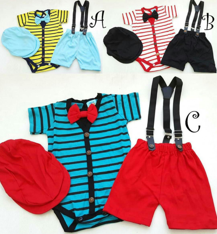 Setelan Baby Laki-laki Salur Jumper + Suspender + Topi 21010049