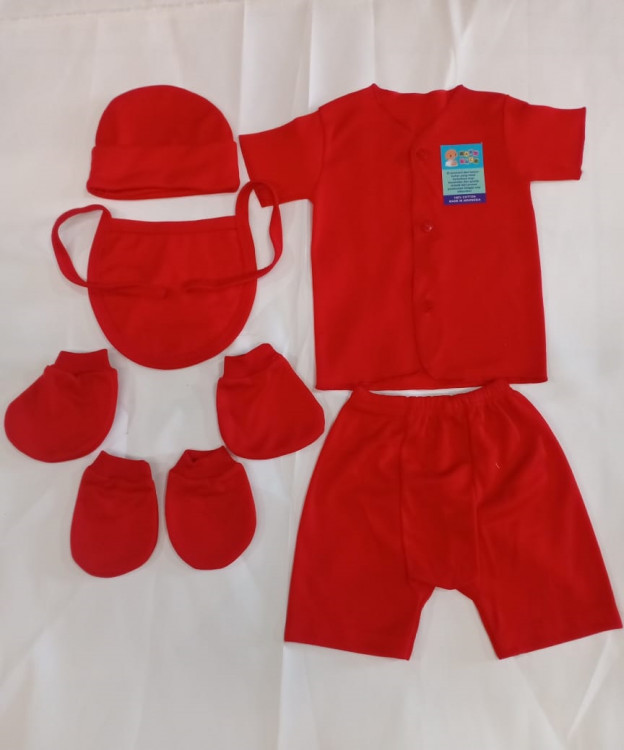 Setelan Bayi Set Merah (Baju Pendek + Celana Pendek + Topi + Slaber + Sarung Tangan + Sarung Kaki) / Baju Bayi Adem Newborn