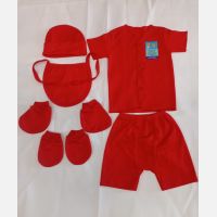 Setelan Bayi Set Merah (Baju Pendek + Celana Pendek + Topi + Slaber + Sarung Tangan + Sarung Kaki) / Baju Bayi Adem Newborn